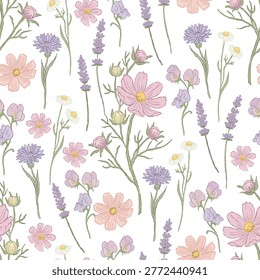 Seamless Pattern of Colorful Meadow Wildflowers and Lavender