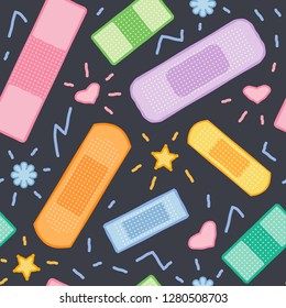 Seamless Pattern With Colorful Medical Plasters On Dark Background, Nice Band Aid Ornament, Funny Wallpaper, Vector