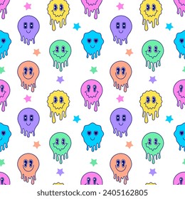 Seamless pattern with colorful melting emoticons on white background.