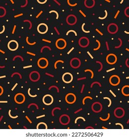 Seamless pattern with colorful memphis design and black background