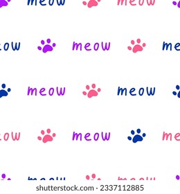 Seamless pattern with colorful meow text and paws