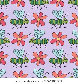 Seamless pattern with colorful midge and flowers. Floral ornament background. Vector illustration.  