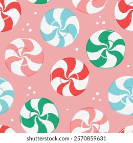 Seamless pattern with colorful mint candy, traditional lollipop sweets. Hand drawn vector illustration