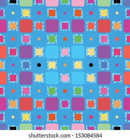A seamless pattern of a colorful mixture of squares and dots on a blue background. 