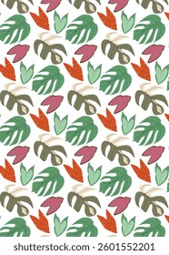 Seamless pattern with colorful Monstera and Caladium leaves. Tropical background with botanical foliage. Vector illustration in flat style for fashion prints, textile, wallpaper, interior design