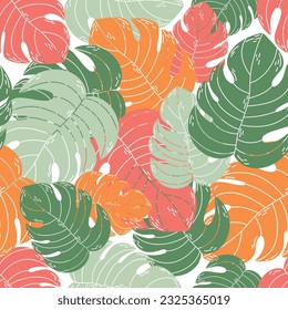 Seamless pattern with colorful monstera leaves. Floral background. Botanical vector illustration with tropical plants.