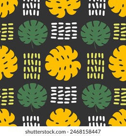 Seamless pattern of colorful monstera leaves on dark background