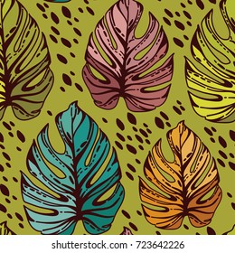Seamless pattern with colorful monstera leaves, vector illustration in hand drawn style