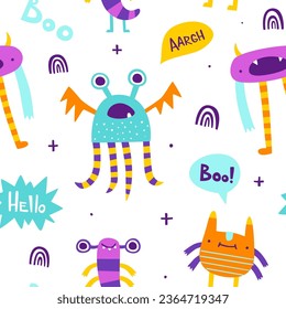 Patrón sin foco con monstruos coloridos. Resumen de la impresión vectorial con monstruos ingenuos para niños textiles.