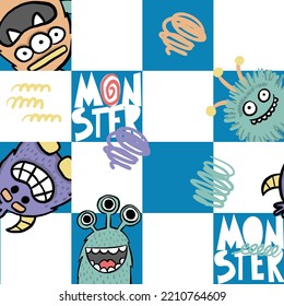 Seamless pattern with colorful monsters in a squares