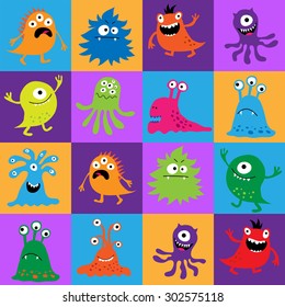 Seamless pattern with colorful monsters in a squares
