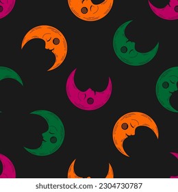 Seamless pattern with colorful moon and black background