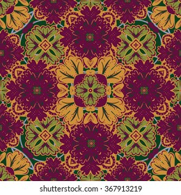 Seamless pattern from colorful Moroccan tiles, vinous orange green ornaments. Can be used for wallpaper, pattern fills, web page background,surface textures