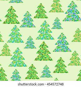Seamless pattern of colorful mosaic fir trees on green background. Northern wood vector illustration. Can be used for Happy New Year and Christmas design. 