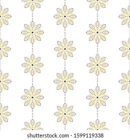 Seamless pattern of colorful mosaic flowers in garlands. Dotted flower shapes ornament, inspired by Portugal Azulejos. Vector illustration.