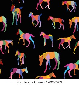 Seamless pattern with colorful mosaic foals (standing and running) on black background