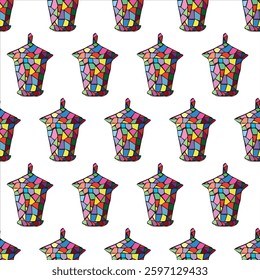 Seamless Pattern of Colorful Mosaic Street Lamps Lanterns on White Background. Concept of Urban Art, Stained Glass, Repetitive Design, Vibrant Decoration, Creative Patterns, Modern Cityscape Elements.