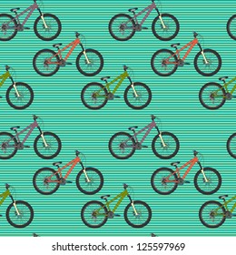 Seamless pattern with colorful mountain bicycles on striped background. Vector illustration.