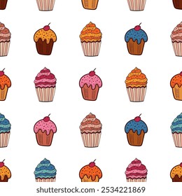 Seamless pattern with colorful muffins. Hand drawn cupcake desserts background in doodle sketch style. For menu, bar, coffee shop, cafe, restaurant.