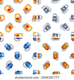Seamless pattern with colorful multimeters showing electrical measurement testing equipment for electricians and engineers