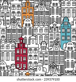 Seamless pattern with colorful multistage buildings in old European style. Vector illustration.