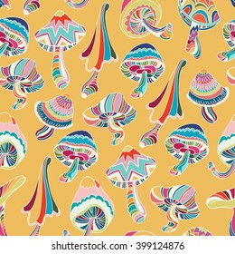 Seamless pattern with colorful mushrooms in doodle style. Vector illustration.