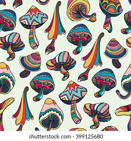 Seamless pattern with colorful mushrooms in doodle style. Vector illustration.