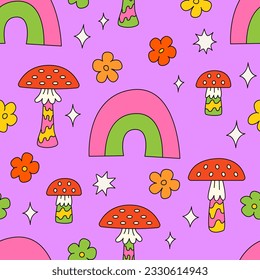 Seamless pattern with colorful mushrooms, flowers and stars. Groovy psychedelic vector background. Kid core aesthetic
