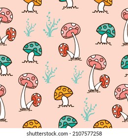 seamless pattern with colorful mushrooms illustration on pink background. wild plant, green leaf. hand drawn vector. doodle art for wallpaper, wrapping paper and gift, backdrop, fabric, textile. 