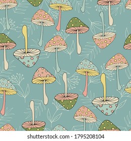 seamless pattern with colorful mushrooms and light leaves