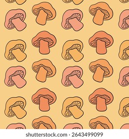 Seamless pattern with colorful mushrooms.  Perfect for fabric, wallpaper, wrapping paper, packaging, children’s design, and nature-inspired print