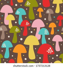 Seamless pattern with colorful mushrooms. Vector background with fungi.