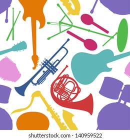 Seamless pattern of colorful musical instruments on a white background