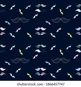 Seamless pattern with colorful mustache on navy blue background. 