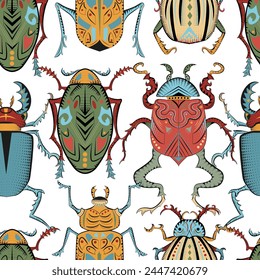 Seamless pattern with colorful mystic decorated bugs against white background, fantasy concept. 