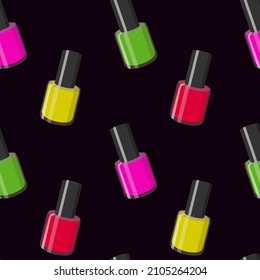 Seamless pattern with colorful nail polish on black background. Design for fabric and paper, surface textures.