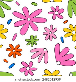 Seamless pattern with colorful naive groovy flowers. Floral vector outline background