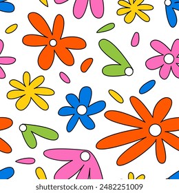 Seamless pattern with colorful naive groovy flowers. Floral vector outline background