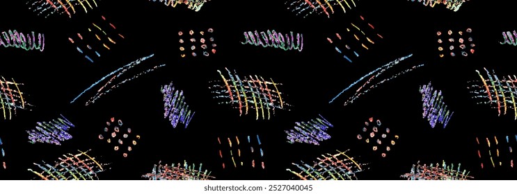Seamless pattern of colorful naive playful shapes drawing by wax crayon pencil on black background. Chalk scribbles in pastel colors. Children brush handdrawn doodle, chalk drawn grunge vector texture