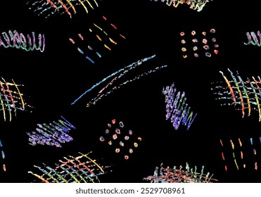 Seamless pattern of colorful naive playful shapes drawing by wax crayon pencil on black background. Chalk scribbles in pastel colors. Children brush handdrawn doodle, chalk drawn grunge vector texture
