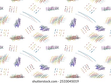 Seamless pattern of colorful naive playful shapes drawing by wax crayon pencil. Chalk scribbles in pastel colors. Children brush handdrawn doodles. Chalk drawn grunge vector texture.