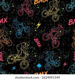 Seamless pattern with colorful neon BMX cyclists, graffiti splashes, and bold “BMX” text on a black background. Ideal for youth apparel, sports gear, and urban-themed designs.