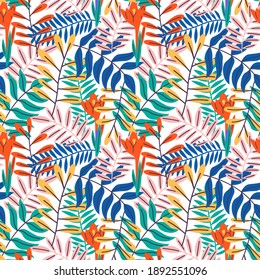 seamless pattern colorful neon foliage and leaves isolated in white background