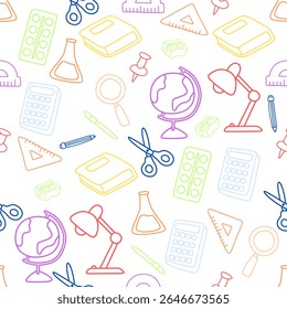 Seamless pattern of colorful neon lineart school items with globes, lamps, books, rulers, and sharpeners on transparent background. Great for educational materials, fabric prints, and digital paper.