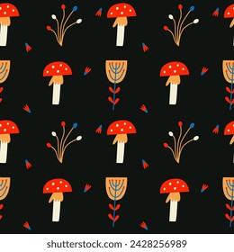 Seamless pattern with colorful north forest flowers and mushrooms on dark background. Modern botanical background. Vector illustration