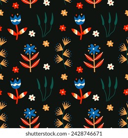 Seamless pattern with colorful north forest flowers on dark background. Modern botanical background. Vector illustration