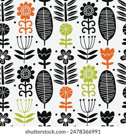 Seamless pattern with colorful north forest flowers on white background. Modern botanical background. Vector illustration