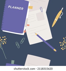 Seamless pattern with colorful notepad, diaries, planner, time management concept. Time planning. Background with paper books or notepads for writing notes. Illustration for wallpaper.