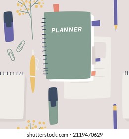 Seamless pattern with colorful notepad, diaries, planner, time management concept. Time planning. Background with paper books or notepads for writing notes. Illustration for wallpaper.