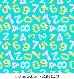 Seamless pattern of colorful numbers on mint green background. Baby, kid design with stripes. Vector illustration